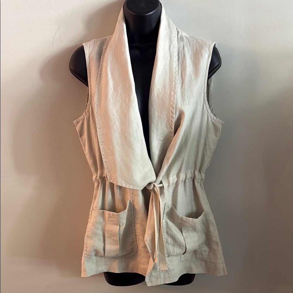 Boston Proper Linen Neutral Cream Sleeveless Shawl Collar Drawstring Safari Vest